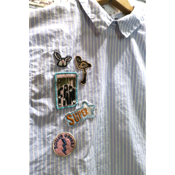 Zara Pinstripe Button Down Backwards Collared Patches Blouse - Picture 3 of 6